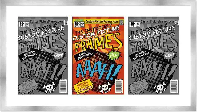 Main image of Silver Comic Book Frame with White Mat - 3 Openings to Display 3 7.75"x10.5" Golden Age Comic Published Between 1938 and 1956 Comic Books Horizontally - with UV Acrylic, Backing & Hardware