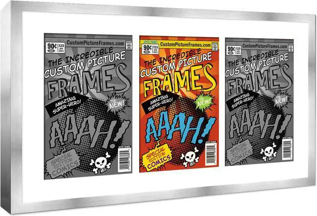 Alt view image 2 of 7 - Silver Comic Book Frame with White Mat - 3 Openings to Display 3 7.75"x10.5" Golden Age Comic Published Between 1938 and 1956 Comic Books Horizontally - with UV Acrylic, Backing & Hardware