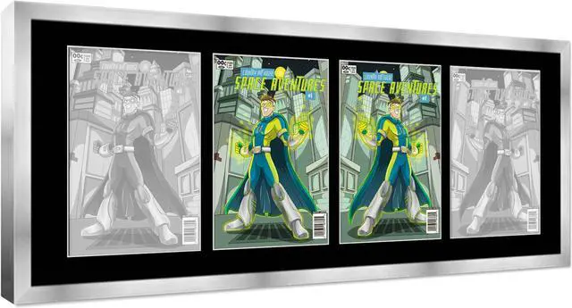 Alt view image 2 of 7 - SIlver Comic Book Frame with Black Mat - 4 Openings to Display 4 7.75"x10.5" Golden Age Comic Published Between 1938 and 1956 Comic Books Horizontally - with UV Acrylic, Backing & Hardware