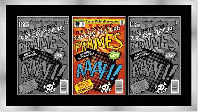 Main image of Silver Comic Book Frame with Black Mat - 3 Openings to Display 3 6.875"x10.5" Current Era Comic Published After 1985 Comic Books Horizontally - with UV Acrylic, Backing & Hardware