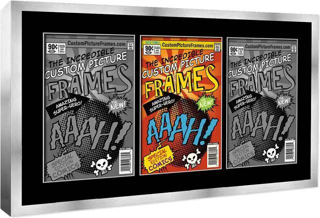 Alt view image 2 of 7 - Silver Comic Book Frame with Black Mat - 3 Openings to Display 3 6.875"x10.5" Current Era Comic Published After 1985 Comic Books Horizontally - with UV Acrylic, Backing & Hardware