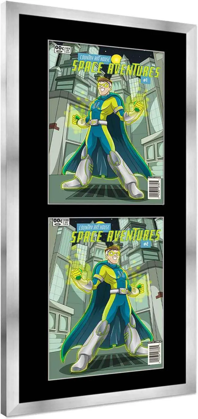 Alt view image 2 of 5 - Silver Comic Book Frame with Black Mat - 2 Openingss to Display 3 7.75"x10.5" Golden Age Comic Published Between 1938 and 1956 Comic Books Vertically - with UV Acrylic, Backing & Hardware
