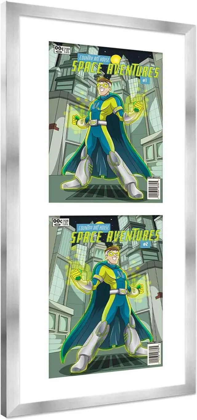 Alt view image 2 of 5 - Silver Comic Book Frame with White Mat - 2 Openingss to Display 3 7.75"x10.5" Golden Age Comic Published Between 1938 and 1956 Comic Books Vertically - with UV Acrylic, Backing & Hardware