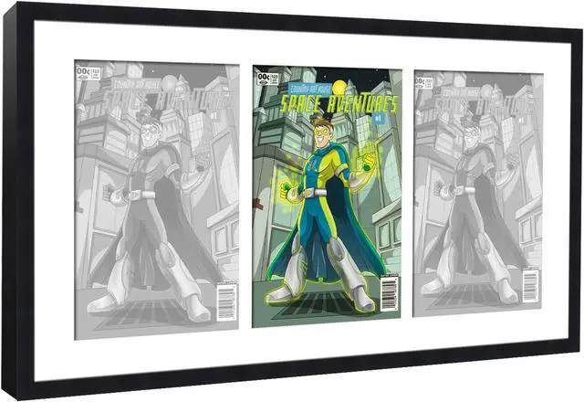 Alt view image 2 of 7 - Black Comic Book Frame with White Mat - 3 Openings to Display 3 7.125"x10.5" Silver Age Comic Published Between 1956 and 1970 Comic Books Horizontally - with UV Acrylic, Backing & Hardware