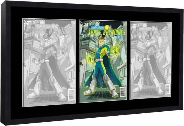 Alt view image 2 of 7 - Black Comic Book Frame with Black Mat - 3 Openings to Display 3 6.875"x10.5" Current Era Comic Published After 1985 Comic Books Horizontally - with UV Acrylic, Backing & Hardware
