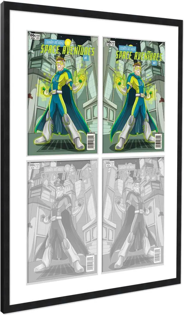 Alt view image 2 of 7 - Black Comic Book Frame with White Mat - 4 Openingss to Display 4 7.125"x10.5" Silver Age Comic Published Between 1956 and 1970 Comic Books in a 2x2 Grid - with UV Acrylic, Backing & Hardware