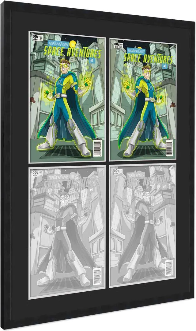Alt view image 2 of 7 - Black Comic Book Frame with Black Mat - 4 Openingss to Display 4 7.125"x10.5" Silver Age Comic Published Between 1956 and 1970 Comic Books in a 2x2 Grid - with UV Acrylic, Backing & Hardware