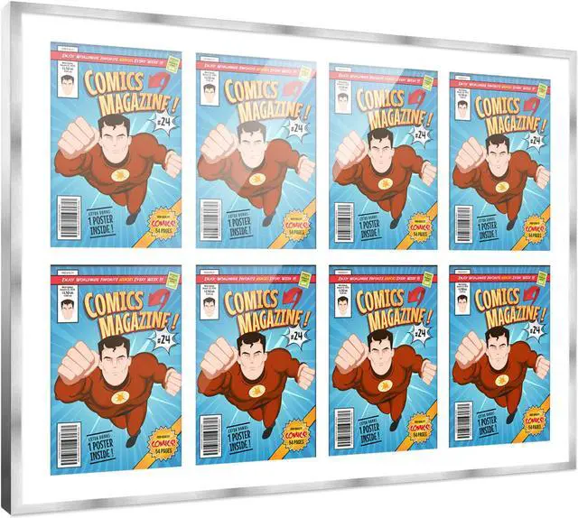 Main image of Comic Book Frame with Mat for 8 Silver Age Comics Published Between 1956 and 1970 - Silver Wood Comic Frame With White Mat for 7.125x10.5 Comics - 37.5x26.5 Frame Size
