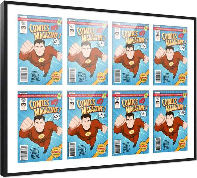 Main image of Comic Book Frame with Mat for 8 Current Era Comics Published After 1985 - Black Wood Comic Frame With White Mat for 6.875x10.5 Comics - 37.5x26.5 Frame Size