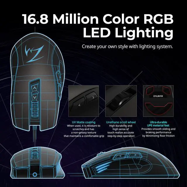 Alt view image 6 of 7 - Zalman GM7 RGB Gaming Mouse, 12,000 DPI Wired Optical Gamer Mouse, 6 Stage DPI Control, Wired High Performance Mouse with 7 Multi-function Buttons, PMW 3360, Up to 1,000Hz