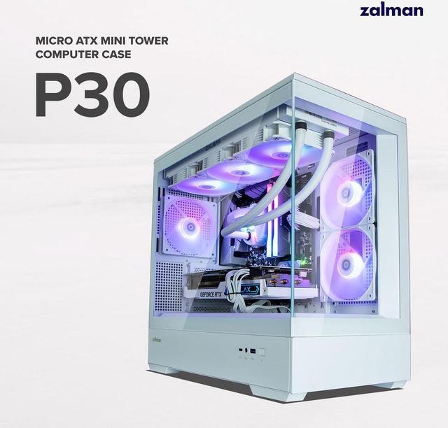 Alt view image 2 of 7 - Zalman P30 Micro ATX mATX Gaming PC Computer Case, 2 x 120mm Reverse + 1 x Rear Exhaust ARGB Fans (Pre-installed), Panoramic View Frameless Tempered Glass Front & Side Panel, USB Type-C & 3.0, White