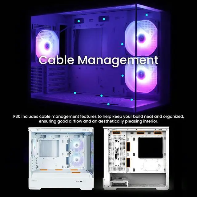 Alt view image 4 of 7 - Zalman P30 Micro ATX mATX Gaming PC Computer Case, 2 x 120mm Reverse + 1 x Rear Exhaust ARGB Fans (Pre-installed), Panoramic View Frameless Tempered Glass Front & Side Panel, USB Type-C & 3.0, White