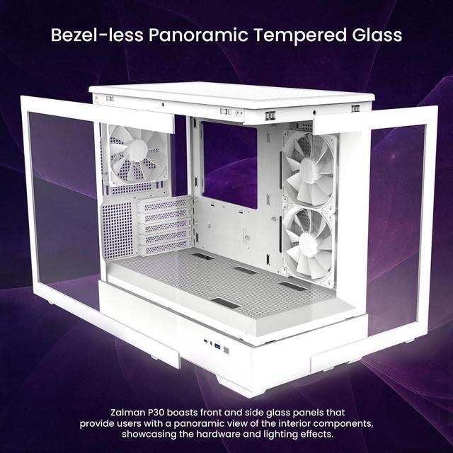 Alt view image 5 of 7 - Zalman P30 Micro ATX mATX Gaming PC Computer Case, 2 x 120mm Reverse + 1 x Rear Exhaust ARGB Fans (Pre-installed), Panoramic View Frameless Tempered Glass Front & Side Panel, USB Type-C & 3.0, White