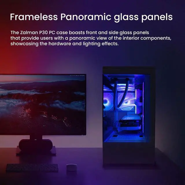Alt view image 3 of 7 - Zalman P30 Micro ATX mATX Gaming PC Computer Case, 2 x 120mm Reverse + 1 x Rear Exhaust ARGB Fans (Pre-installed), Panoramic View Frameless Tempered Glass Front & Side Panel, USB Type-C & 3.0, White