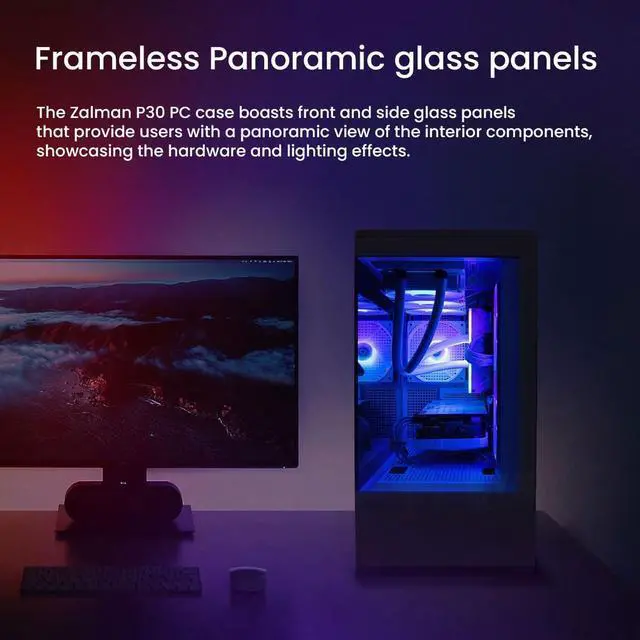 Alt view image 3 of 7 - Zalman P30 Micro ATX mATX Gaming PC Computer Case, 2 x 120mm Reverse + 1 x Rear Exhaust ARGB Fans (Pre-installed), Panoramic View Frameless Tempered Glass Front & Side Panel, USB Type-C & 3.0, Black