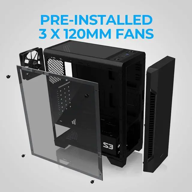 Alt view image 3 of 7 - Zalman S3 ATX Mid Tower Desktop PC Case, 3 x 120mm Fans included, Premium Brushed Metal with Dual Intake Front & Tinted Acrylic Side Panel, USB 3.0