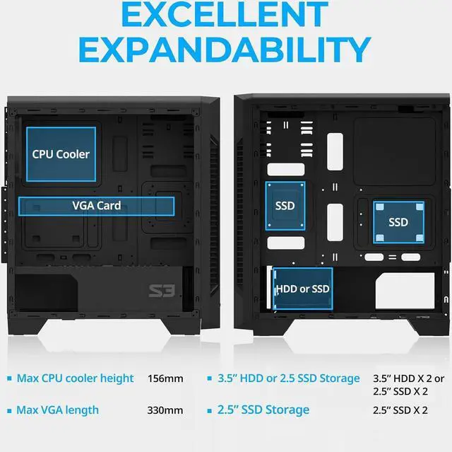 Alt view image 7 of 7 - Zalman S3 ATX Mid Tower Desktop PC Case, 3 x 120mm Fans included, Premium Brushed Metal with Dual Intake Front & Tinted Acrylic Side Panel, USB 3.0