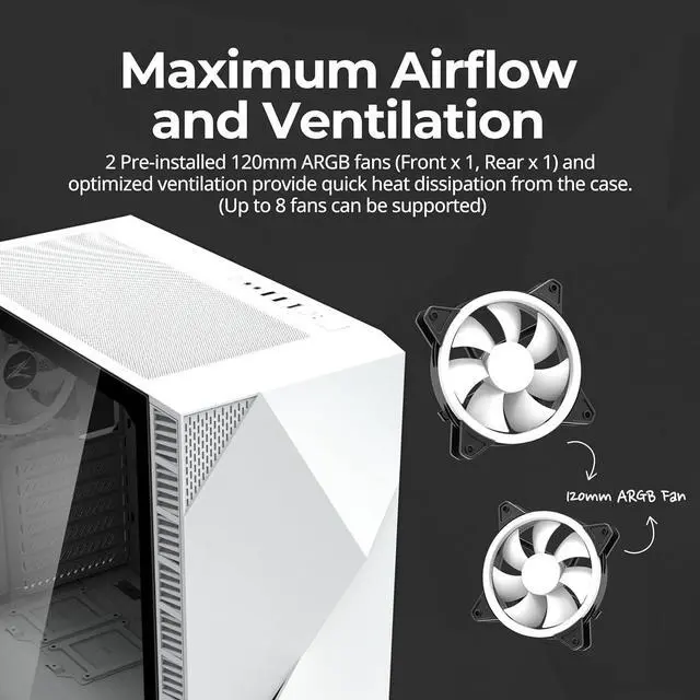 Alt view image 3 of 7 - Zalman Z3 Iceberg ATX Mid-Tower Gaming PC Case, 2 x 120mm ARGB Double Ring Fans Preinstalled w/ 4-port ARGB Controller Included, Tempered Glass Side Panel, 2 x USB 3.0, White