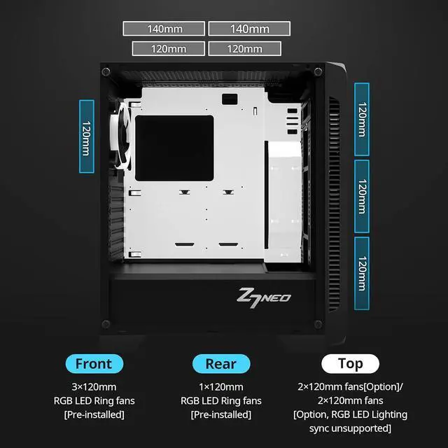 Alt view image 6 of 7 - Zalman Z7 NEO ATX Mid-Tower Gaming PC Case, 4 x 120mm Unique Ring Fans w/ RGB Controller, Full Tinted Tempered Glass Side Panel, High-End PC Cabinet
