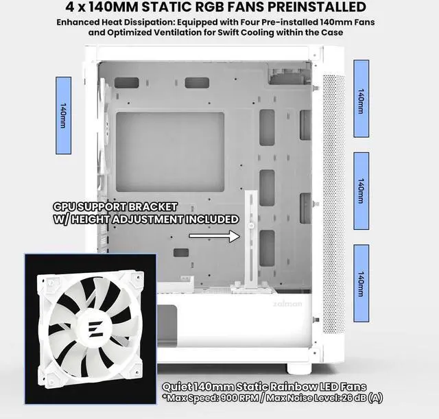 Alt view image 5 of 7 - Zalman i4 TG Airflow ATX Mid-Tower Gaming PC Case, 4 x 140mm RGB Fans Preinstalled, Tempered Glass Side Panel, 360mm Radiator Support, White