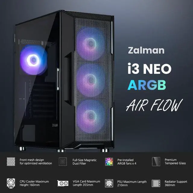 Alt view image 3 of 7 - Zalman i3 ARGB ATX Mid-Tower Gaming Desktop Computer PC Case, 4 x 120mm ARGB Fans Pre-Installed, High Airflow Mesh Front Panel, Tempered Glass Side Panel, Black