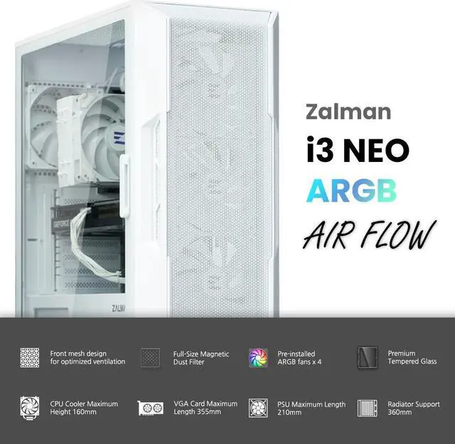 Alt view image 2 of 7 - Zalman i3 ARGB ATX Mid-Tower Gaming PC Case, 4 x 120mm ARGB Fans Pre-Installed, High Airflow Mesh Front Panel, Tempered Glass Side Panel, White