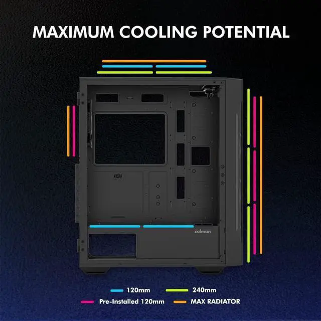 Alt view image 6 of 7 - Zalman i3 ARGB Vision-TG ATX Mid-Tower Gaming PC Case, 4 x ARGB Fans Pre-Installed (3 x 140mm + 1 x 120mm rear), Tempered Glass Front & Side Panel, Black