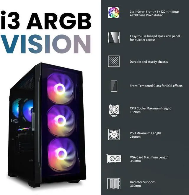 Alt view image 2 of 7 - Zalman i3 ARGB Vision-TG ATX Mid-Tower Gaming PC Case, 4 x ARGB Fans Pre-Installed (3 x 140mm + 1 x 120mm rear), Tempered Glass Front & Side Panel, Black