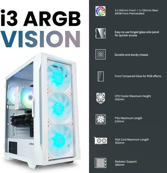 Alt view image 3 of 7 - Zalman i3 ARGB Vision TG 140 ATX Mid Tower Gaming PC Case, 3 x 140mm Front + 1 x 120mm ARGB Fans Pre-Installed, Tempered Glass Front & Side Panel, White