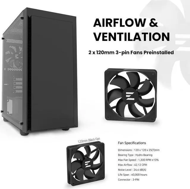 Alt view image 4 of 7 - Zalman T3 Compact Mini Tower M-ATX PC Case - 2 x 120mm Fans Pre-Installed, Tempered Glass Side Panel, Compatible with Micro-ATX & Mini-ITX, Desktop Computer Chassis