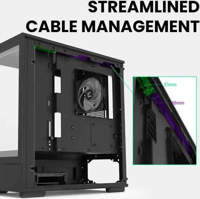 Alt view image 3 of 7 - Zalman P10 mATX Mini Tower PC Case - 120mm ARGB 4-pin PWM Fan Pre-Installed, Panoramic Tempered Glass, USB Type-C & 3.0, Cable Management System, M-ATX / ITX Computer Case, Black