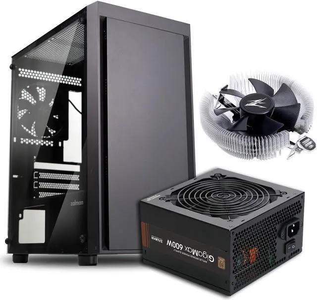 Main image of Zalman Case Cooler PSU Combo - Zalman T3 Compact Mini Tower Micro-ATX PC Case + C80G 65W TDP Ultra Quiet CPU Cooler + Gigamax 600W 80+ Plus Bronze PSU