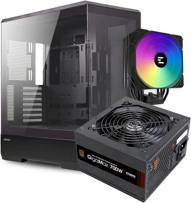 Main image of Zalman Case Cooler PSU Combo - Zalman P50 Black Panoramic ATX Mid-Tower PC Case + 9X Performa Plus Black 180W TDP CPU Air Cooler + Gigamax 700W 80+ Plus Bronze PSU