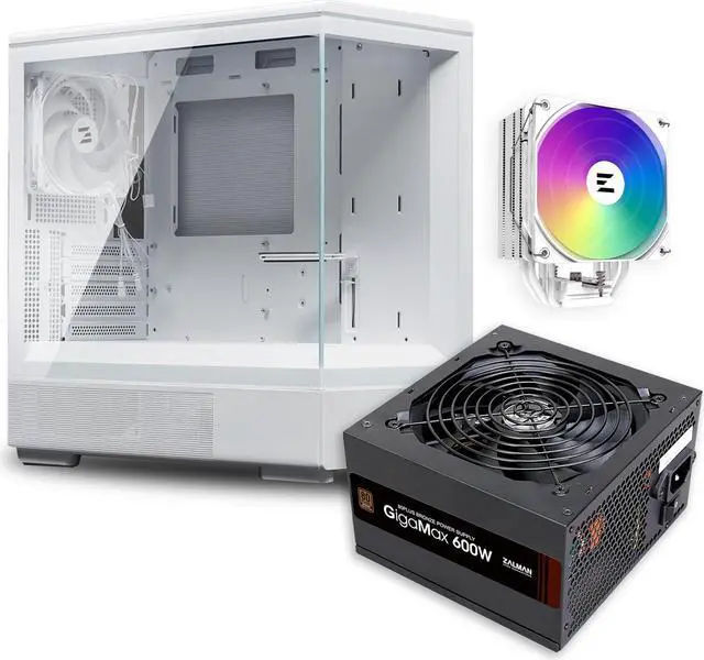 Main image of Zalman Case Cooler PSU Combo - Zalman P10 White Micro-ATX Panoramic PC Case + 9X Performa Plus ARGB White 180W TDP CPU Cooler + Gigamax 600W 80+ Plus Bronze PSU