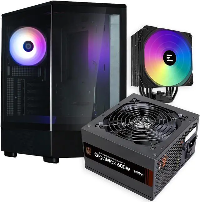 Main image of Zalman Case Cooler PSU Combo - Zalman P10 Black Micro-ATX Panoramic PC Case + 9X Performa Plus ARGB 180W TDP CPU Cooler + Gigamax 600W 80+ Plus Bronze PSU