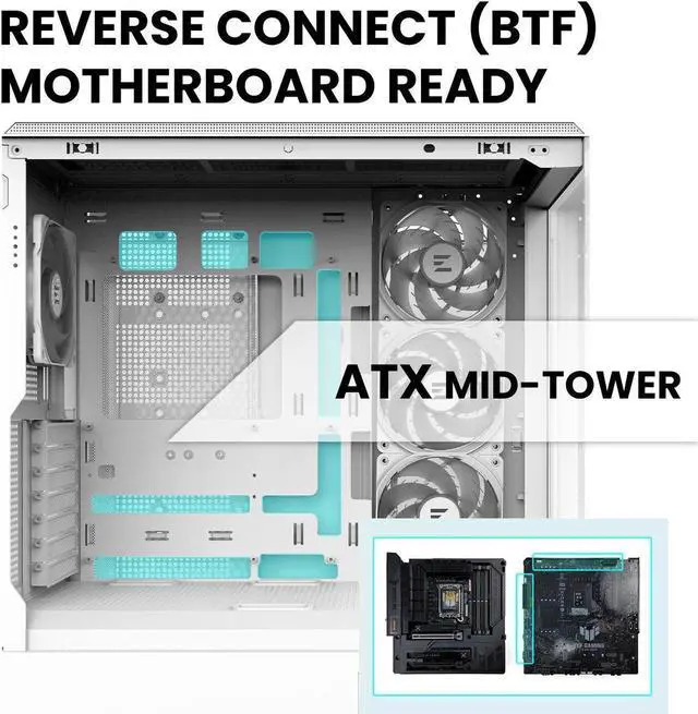 Alt view image 5 of 7 - Zalman P50 ATX Mid-Tower Premium PC Case - Panoramic Tempered Glass, Hinged Cable Management Doors, Back-Connect Motherboard Compatible, Barebone Computer Chassis, White