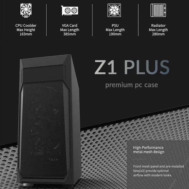 Alt view image 2 of 7 - Zalman Z1 Plus Mid-Tower Desktop ATX PC Case, 3 x 120mm Fans Pre-Installed, 5.25" ODD Support, Mesh Front Panel, Tempered Glass Side Panel