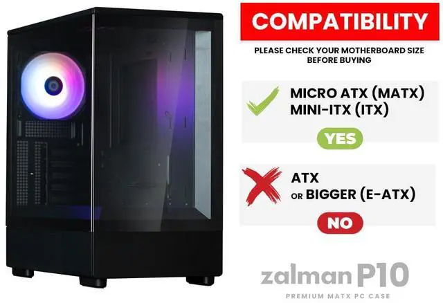 Alt view image 7 of 7 - Zalman P10 mATX Mini Tower PC Case - 120mm ARGB 4-pin PWM Fan Pre-Installed, Panoramic Tempered Glass, USB Type-C & 3.0, Cable Management System, M-ATX / ITX Computer Case, Black