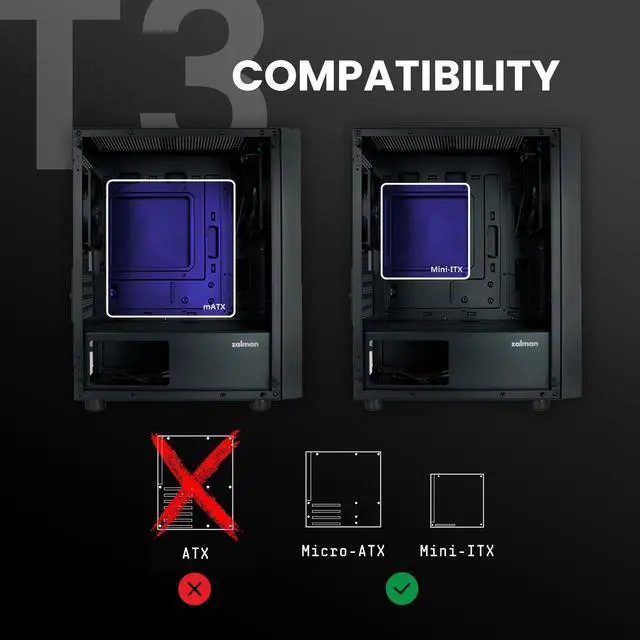 Alt view image 5 of 7 - Zalman T3 Compact Mini Tower M-ATX PC Case - 2 x 120mm Fans Pre-Installed, Tempered Glass Side Panel, Compatible with Micro-ATX & Mini-ITX, Desktop Computer Chassis