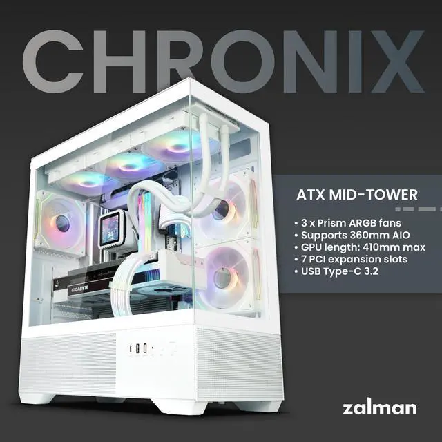 Alt view image 4 of 7 - Zalman CHRONIX Mid Tower ATX Gaming PC Case with 3 x 120mm Prism ARGB Fans Preinstalled, 360mm Radiator Support, Type-C 3.2 Ready, Supports 50 Series Graphics Cards, White