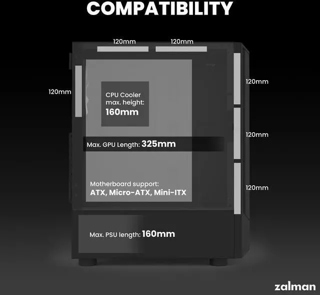 Alt view image 7 of 7 - Zalman FIT Mid-Tower ATX RGB Gaming PC Case - 4 x 120mm ARGB Fans Pre-Installed, Tempered Glass Side Panel, USB 3.0, Fits up to 6 x 120mm Fans, 325mm GPU, 360mm Radiator, Black