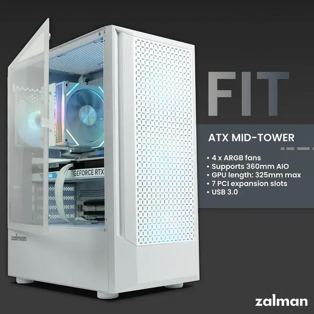 Alt view image 3 of 7 - Zalman FIT Mid-Tower ATX RGB Gaming PC Case - 4 x 120mm ARGB Fans Pre-Installed, Tempered Glass Side Panel, USB 3.0, Fits up to 6 x 120mm Fans, 325mm GPU, 360mm Radiator, White