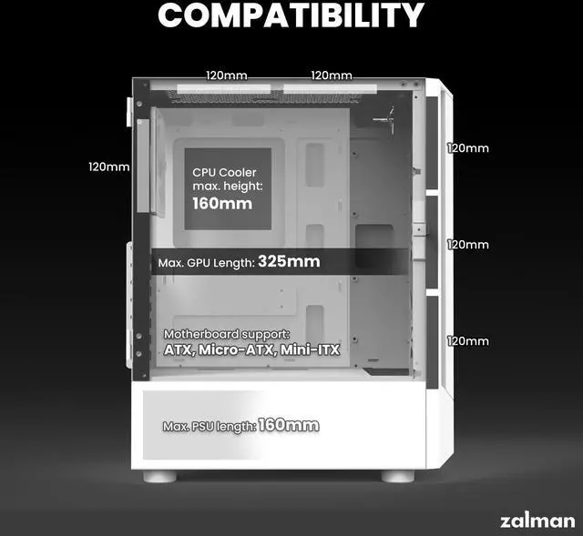 Alt view image 6 of 7 - Zalman FIT Mid-Tower ATX RGB Gaming PC Case - 4 x 120mm ARGB Fans Pre-Installed, Tempered Glass Side Panel, USB 3.0, Fits up to 6 x 120mm Fans, 325mm GPU, 360mm Radiator, White