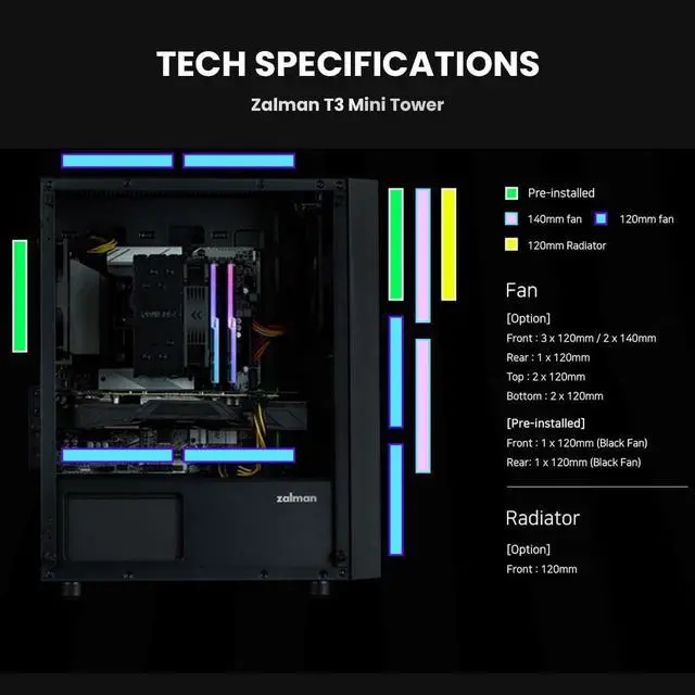 Alt view image 3 of 6 - PC Builder Bundle - Zalman PC Case with PSU Combo - T3 Compact m-ATX PC Case - Tempered Side Panel, 2 x 120mm Non-RGB Black Fan, with 80 Plus Bronze 600W Power Supply