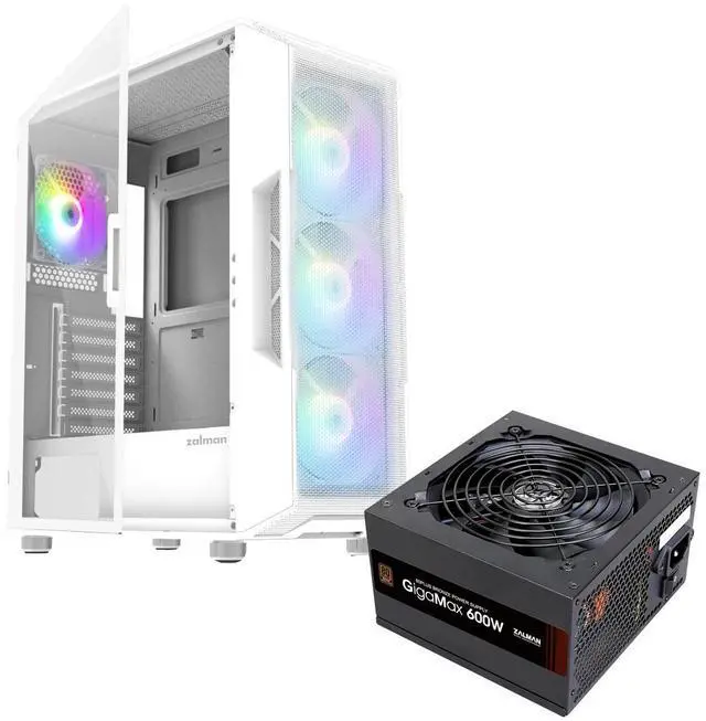 Main image of PC Builder Bundle - Zalman PC Case with PSU Combo - i3 ARGB ATX Mid-Tower 4 x ARGB Fans High Airflow Mesh Front Panel Gaming PC Case, White with 80 Plus Bronze 600W Power Supply