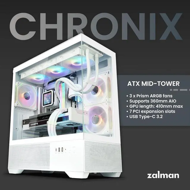 Alt view image 3 of 7 - PC Builder Bundle - Zalman PC Case with PSU Combo - Chronix ATX Gaming PC Case, White - 3 x 120mm ARGB Fans with 80 Plus Bronze 700W Power Supply