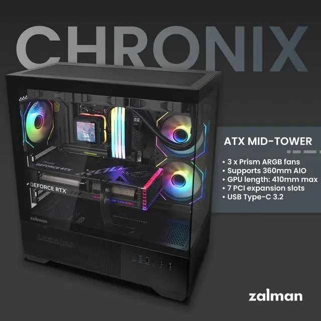 Alt view image 2 of 7 - PC Builder Bundle - Zalman PC Case with PSU Combo - Chronix ATX Gaming PC Case, Black - 3 x 120mm ARGB Fans with 80 Plus Bronze 600W Power Supply