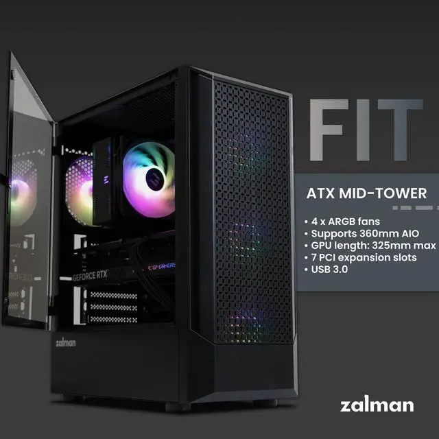 Alt view image 3 of 7 - Zalman FIT Mid-Tower ATX RGB Gaming PC Case - 4 x 120mm ARGB Fans Pre-Installed, Tempered Glass Side Panel, USB 3.0, Fits up to 6 x 120mm Fans, 325mm GPU, 360mm Radiator, Black