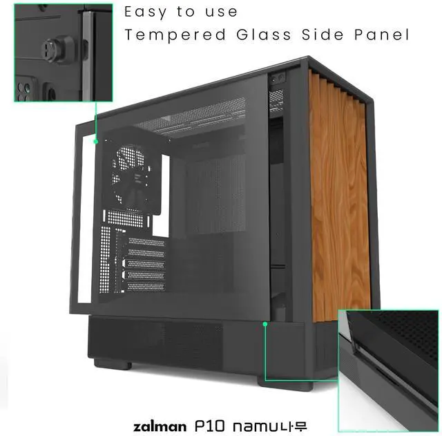 Alt view image 4 of 7 - Zalman P10 NAMU mATX Mini Tower PC Case - 3 x 120mm Fans Preinstalled, Genuine Walnut Wood Front Panel, Tempered Glass Side Panel, Type-C, Cable Management System, M-ATX / ITX Computer Case, Black