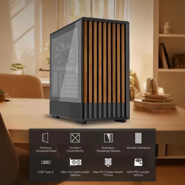 Alt view image 3 of 7 - Zalman P10 NAMU mATX Mini Tower PC Case - 3 x 120mm Fans Preinstalled, Genuine Walnut Wood Front Panel, Tempered Glass Side Panel, Type-C, Cable Management System, M-ATX / ITX Computer Case, Black